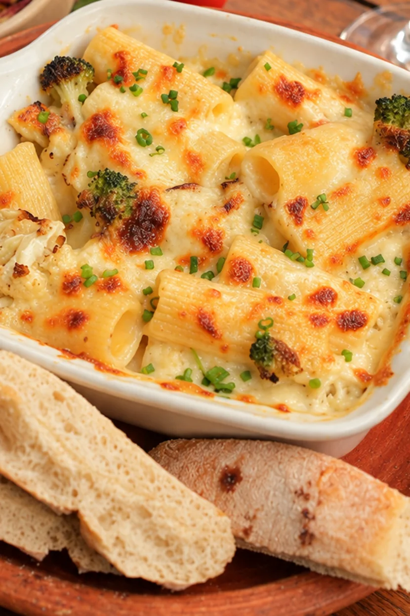 Rigatoni gratinado con salsa cremosa de queso
